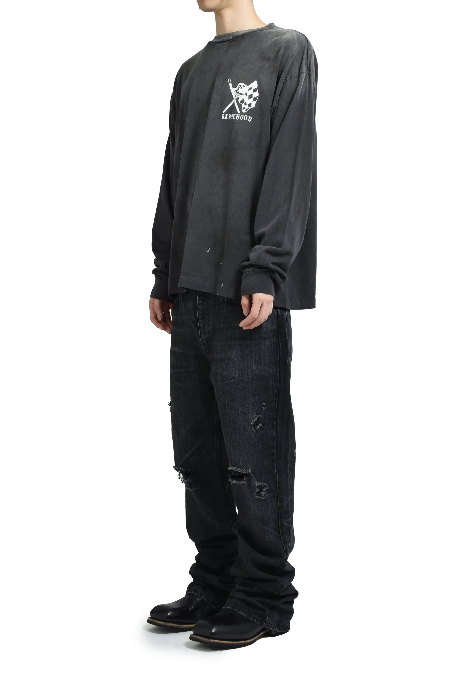SAINT Mxxxxxx × NEIGHBORHOOD STHD . LS TEE SPEED KILLS/BLK Skull Helmet Long Sleeves Washed Black S-XL Cylindrical Cloth Ready-Made Assute Dyeing Heavy Washing Water Fading Handmade Splashed Ink Holes Simulate Natural Fading and Old Effects Correct Version Customized NBHD Co-branded Accessories Top Purchasing Level